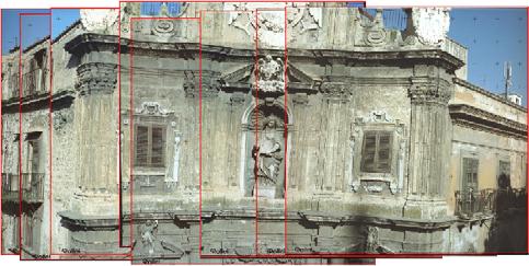 3.3 Photogrammetric process Photogrammetric procedures have been used for lines and edges restitution and for automatic extraction of points in areas that were occluded or not visible, e.g. the decoration around the windows and the large holes in place of the windows.