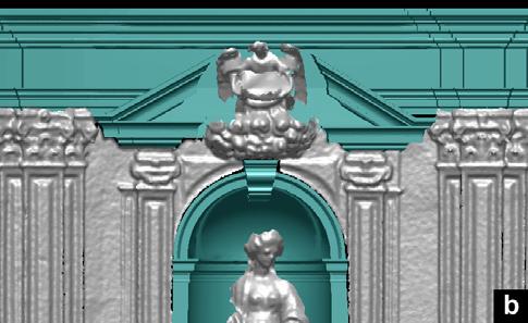 Area of the tympanum: a) triangulated surface from laser scanning data, b) integration with CAD models - photogrammetric texture mapping: textures are mapped onto surfaces using the projective