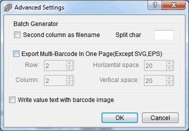 split by space default, if set value as '123 A', file name is A.PNG or A.*. Split char: Set split char of second column. Multi-Barcode one page: multi-barcode in one image file.