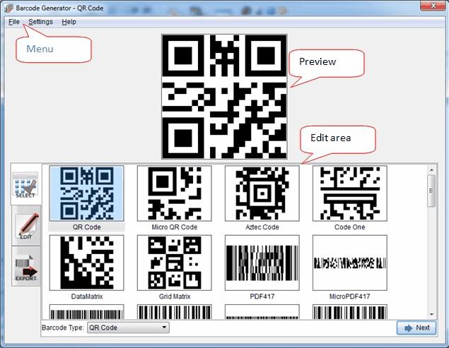 Barcode Generator has two areas: preview and edit area.