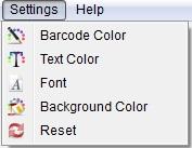 eps etc... File > Exit Exit program. Settings Menu Settings > Barcode Color Set barcode color. Settings > Text Color Set text color. Settings > Font Set text font.