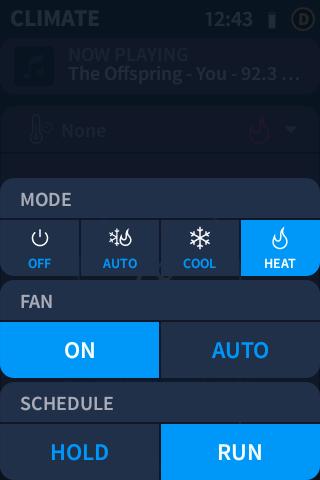 To change the thermostat mode, tap the thermostat mode icon on the upper right of the CLIMATE screen to display a configuration menu.