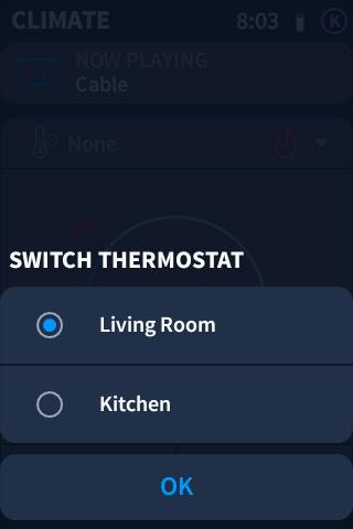 To change the thermostat that is controlled by the TSR-310, tap the thermostat name on the CLIMATE screen. A SWITCH THERMOSTAT screen is displayed.