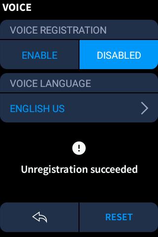 VOICE Screen - Unregistration Successful Tap the currently selected language under VOICE LANGUAGE to display a screen for selecting a language to use with the voice control service.