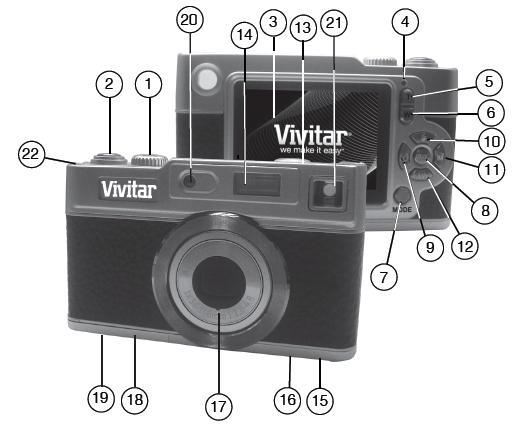 Parts of the Camera 1. Power Button 12. ViviLink / Down Button 2. Shutter Button 13. Microphone 3. LCD Screen 14. Flash Light 4. LED / Charge Lamp 15. USB Slot 5. Zoom In 16. Tripod Mount 6.