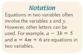Objective 1: Determine Whether an Ordered Pair Is a of an Equation n We have previously solved equations in one variable. For example, x + 3 = 9 is an equation in x.