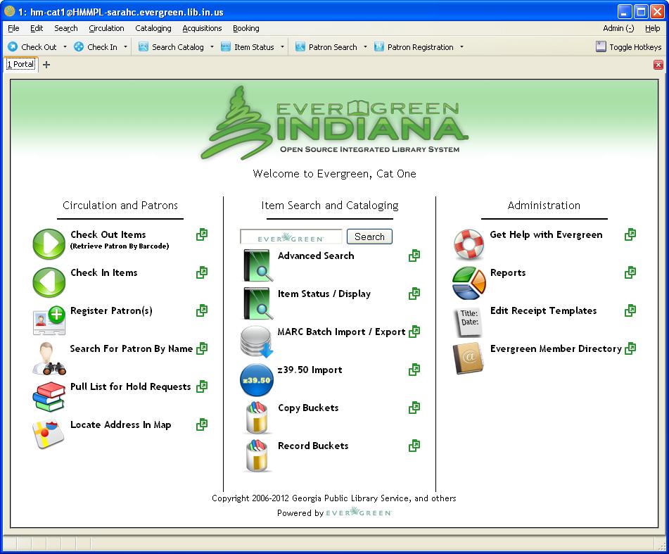The portal screen will open in a new window: Evergreen Indiana Cataloging Training Manual The log-in window will minimize, but it