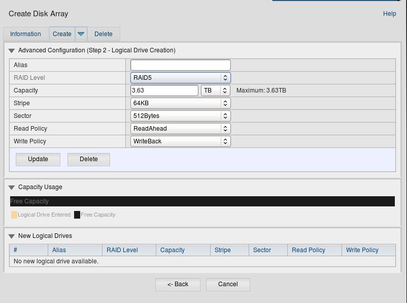 Step 2 Logical Drive Creation Advanced Configuration (Step 2 Logical Drive Creation) Optional. Enter an alias for the logical drive in the field provided.