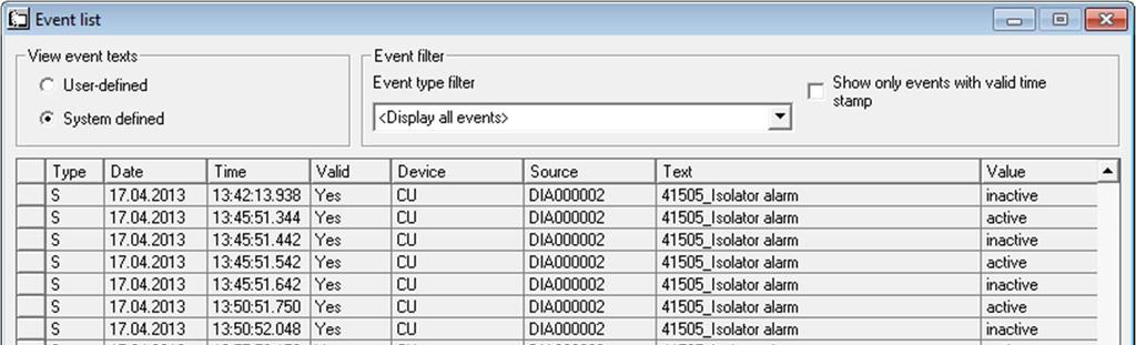 Section 3 1MRK 500 121-UEN Figure 19 Event list 3.5.8.1 Load events The central unit event list has a maximum length of 1000 records; the bay units 100.