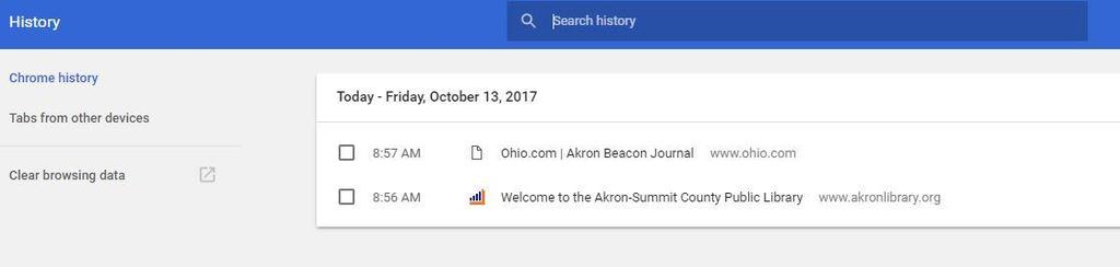 To help you in searching for a recently visited page, you can enter a search term in the bar at the top and then click, search history To delete your history, you can click on clear browsing data.
