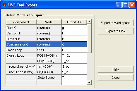 8. To export the designed controller to MATLAB workspace, choose Export from
