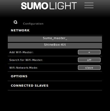 The "Sumo_master" and the "ShineBox-Kit". When connected to a router, several fixtures can be controlled at the same time via an ARTNET/sACN App that is broadcasting to the router.