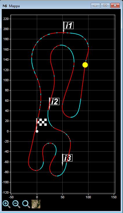 Track Map Clicking on the icon you insert the Track Map window: The map shows the trajectories of the selected lap indicating the acceleration points in red and the deceleration