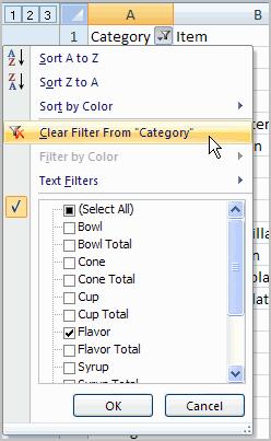 TO CLEAR ONE FILTER: Select one of the drop-down arrows next to a filtered column. Choose Clear Filter From... To remove all filters, click the Filter command.