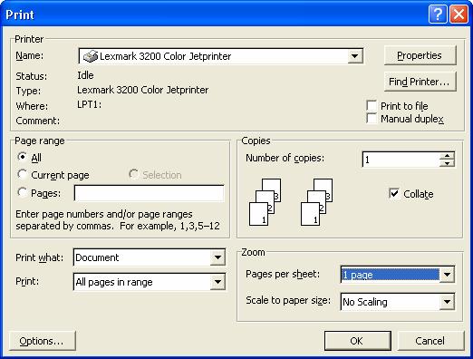 Dialog box A window, giving options to select, relating to a required action. A typical example is the Print dialog box.