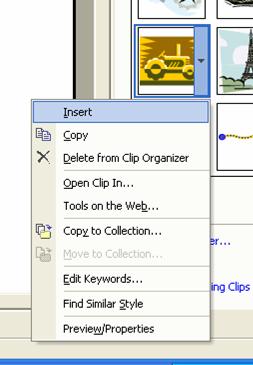 After finding some Clip Art: Find a picture you want to use and move the mouse pointer over it To see an arrow appear to the right of it.