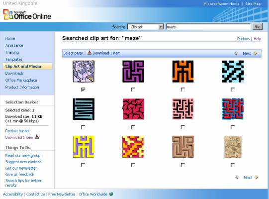 Microsoft Office Online Clip Art Internet page From the [Search] list select [Clip art] Type maze into the white search box Click [Go] To search for ClipArt with that keyword Tick the selection box