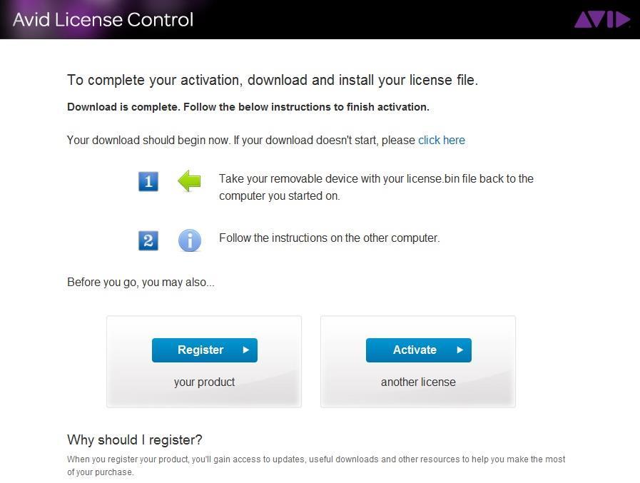 11. Download the license file (.bin) by clicking Download. Note: While the.bin file downloads, you are given the option to Register or Activate another license.