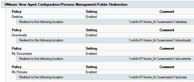 store documents or other files. Figure 23 shows the VMware View Persona Management group policy settings required to redirect the user desktop, downloads, My Documents, and My Pictures folders.