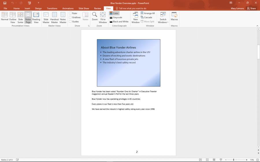 PowerPoint switches to Notes Page view (see Figure 1-9).