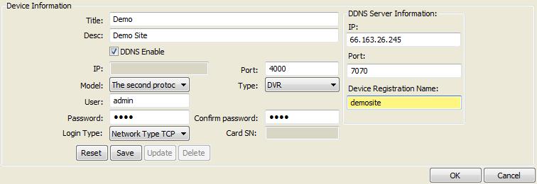 On the sample public IP is used Port: TCP port of the system Type: Select DVR User: admin Password: 1234 Confirm Password: 1234 - Click Save and then click OK - Proceed to 4. Device List c.