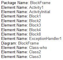 The report shows that the BlockFrame Package contains 8 elements, but has links to three elements from other Packages because those three elements have been used in the BlockFrame diagram.