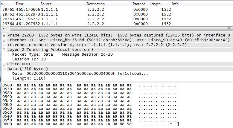 I began to capture traffic with Wireshark. For start, frames are captured for the path through the Gi0 interfaces.