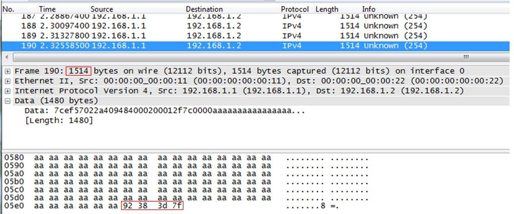 Wireshark shows 1514 bytes without CRC. Payload pattern is 0xAA.