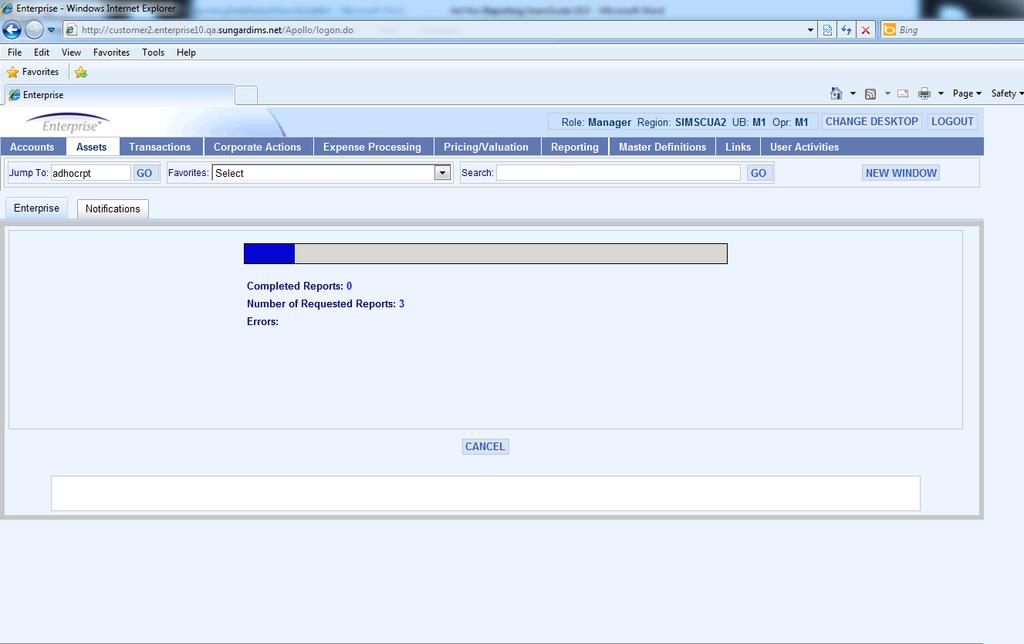 Asset Arena InvestOne 17 Multiple Report execution: During report execution, a work-in-progress screen is shown.