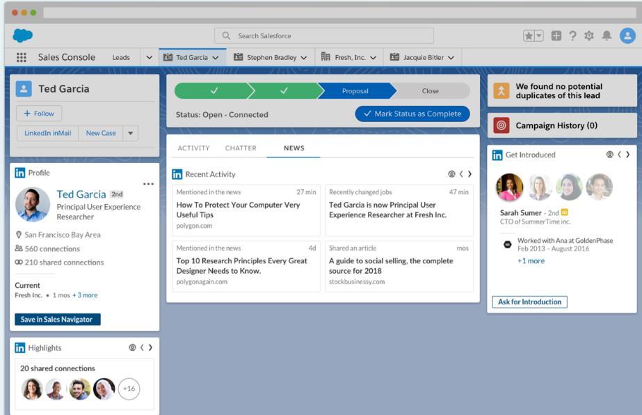 The LinkedIn Sales Navigator for Salesforce Application Allow Sales Navigator seat holders to search for people on LinkedIn and view profile details including photos, current roles, and work history
