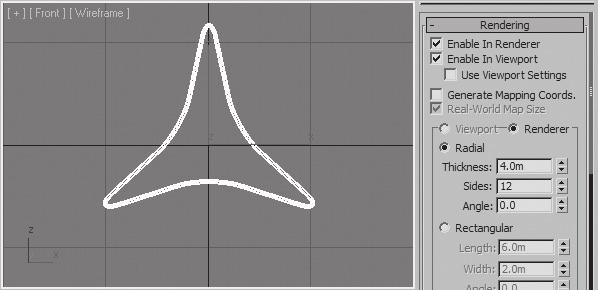 A shape or editable spline has the ability to become renderable through a parameter in the rendering rollout. **Insert Figure8_08.