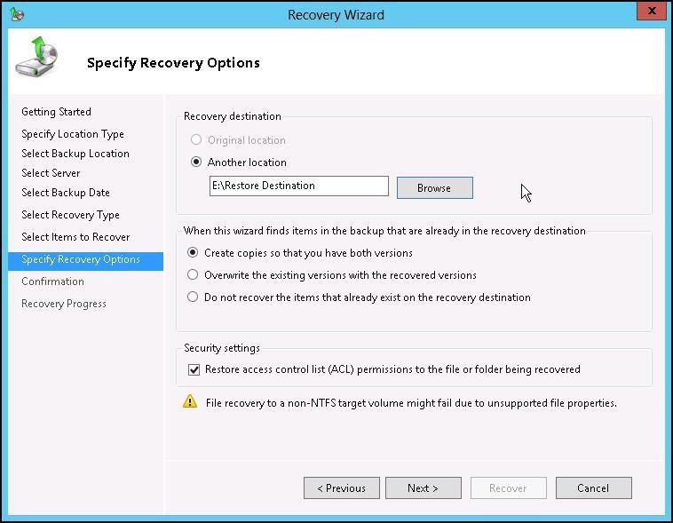 10. On the Specify Recovery Options page, under Recovery destination, select Alternate location. Type the path to the location, or click Browse to select it.