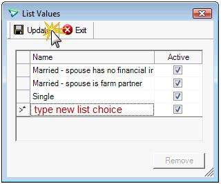 To change the spelling of an existing value, double-click and type new text. This changes existing data (information specified in the customer account). Update to save the change.