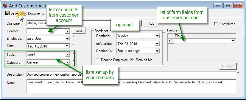 Choose a contact (defaults to main contact), employee (defaults to the logged-in agrē user), date (defaults to
