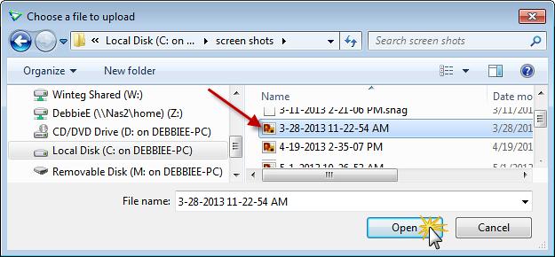 Select the file and click Open. File to Upload defaults to the file you selected. Type a Document Title, and change the Security options if applicable.