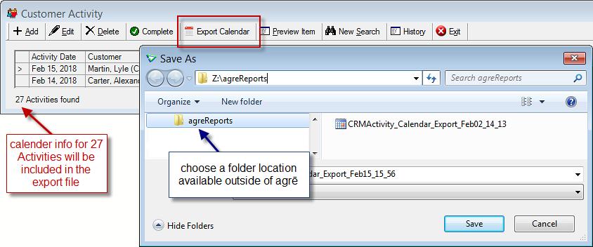 Exporting Calendar Entries for CRM Activities agrē can generate an.