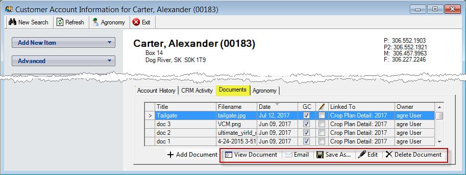 Customer documents can also be managed from the