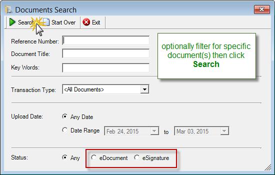 Searching for Documents As soon as you open the Document Manager (File > Manage > Documents) the default search screen opens. Note edocuments are included with agrē.