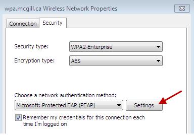 Under Choose a network authentication method, click on Settings. 8.