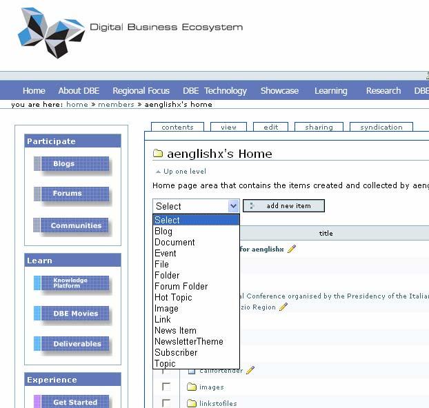 Editing functionality ganew Content Syndication Core content files and folders Adding a new item such as a content folder, blog, forum etc. Figure 4 8.