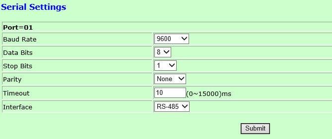 4, Serial port configuration Baud Rate:Serial baud rate, 300~230400 can be selected. Data Bits:Serial data bit, 6,7,8 bit can be selected.