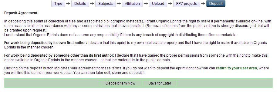 Fact sheet: How to deposit a document in Organic Eprints If your eprint IS NOT part of an EU FP7-funded project, you can skip this page (no is default).