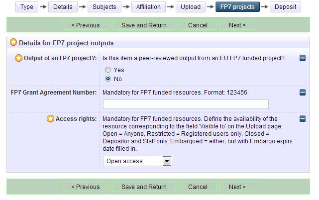 The FP7 Grant Agreement Number is also termed the Project Reference (i.e. in CORDIS). Click "Next". The final stage is Deposit.