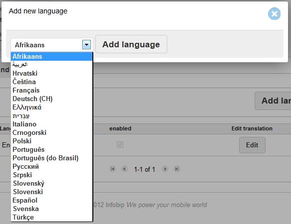 To make the new language visible, check the enabled check box for that language. This way you enable the visibility of the new language for your clients and sub-clients.