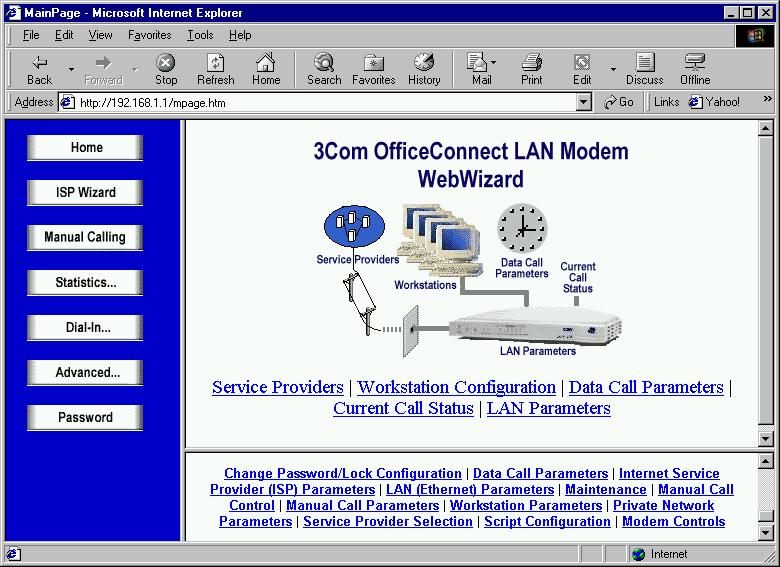 To set this system up you must first, establish communications with the LAN Modem. The default address is 192.168.1.1. Use your browser to bring up the LAN Modem configuration menu.