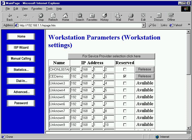 2. Workstation configuration: Setup up the table to reserve the static IP addresses of the devices on the remote network.