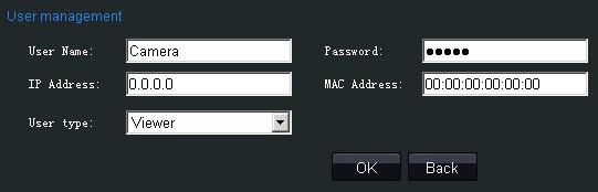 17 Modify User: Click Modify to enter the settings interface as shown in Fig. 2.1.25. It is allowed to modify the user name, password, IP address, MAC address, and then select user type.