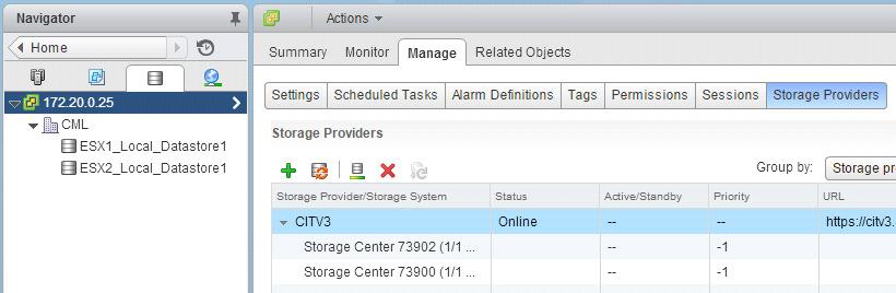 ii. Click Submit. 46) From the Navigator Bar, click on the vcenter server (172.20.0.25), click on Manage, then Storage Providers, to return to the Storage Providers screen.