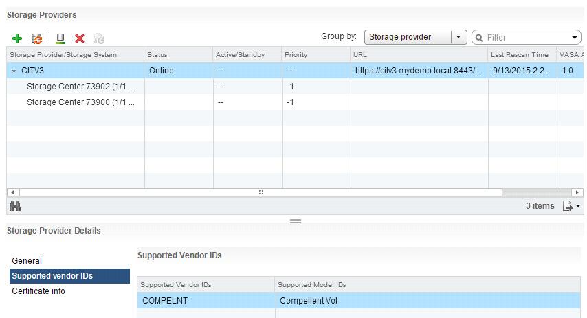 Storage Providers: This section contains connectivity to Dell CITV (Compellent Integration Tools for VMware) appliance. Highlight CITV3 by left clicking on it.