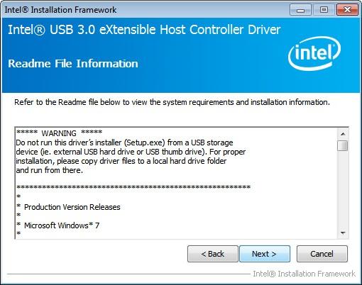 Figure 6-20: USB 3.0 Driver License Agreement Step 9: The Read Me file in Figure 6-21 appears. Step 10: Click Next to continue. Figure 6-21: USB 3.